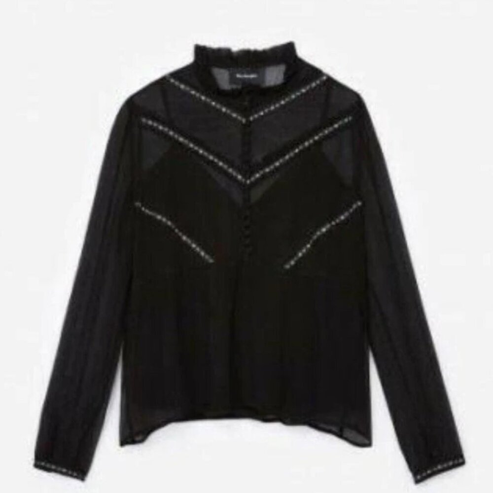 The Kooples Women’s XS Black Floral Ruffle Top Long Sleeve Mock Neck Whimsigoth - Picture 9 of 9
